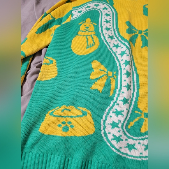 Mens Large Cesar Dog Food Lovers Ugly Christmas Sweater Green Yellow Snowman - Picture 2 of 5